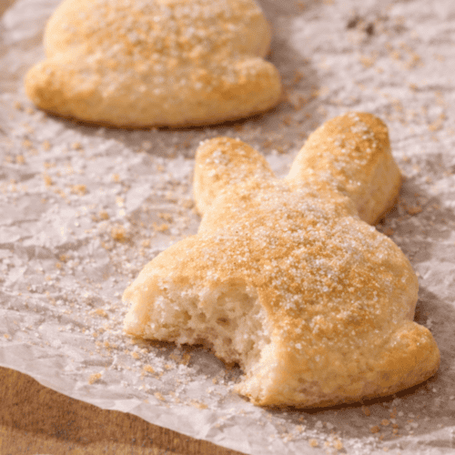 Nahaufnahme eines angebissenen Osterhasen aus Quark-Öl-Teig aus der Heißluftfritteuse, saftig und fluffig innen