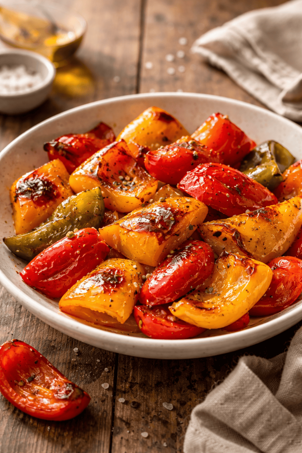 Geröstete Paprika aus der Heißluftfritteuse in einer Schüssel – rote und gelbe Paprikastücke mit glänzenden Röstaromen und Gewürzen