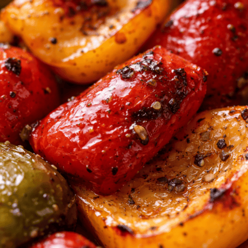 Nahaufnahme von gerösteter Paprika aus dem Airfryer – knackig-zart mit sichtbaren Röstaromen, Pfeffer und Salz
