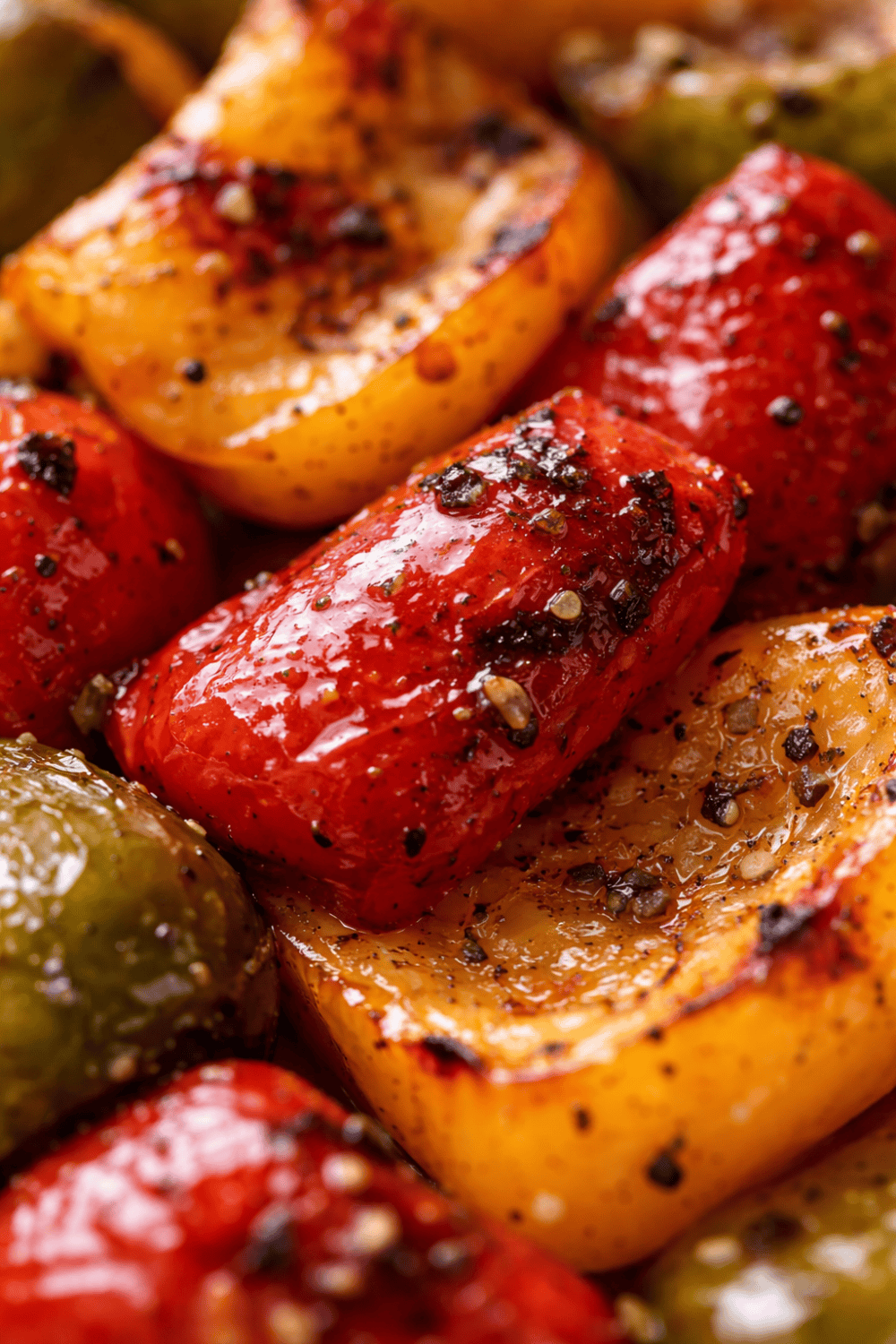 Nahaufnahme von gerösteter Paprika aus dem Airfryer – knackig-zart mit sichtbaren Röstaromen, Pfeffer und Salz