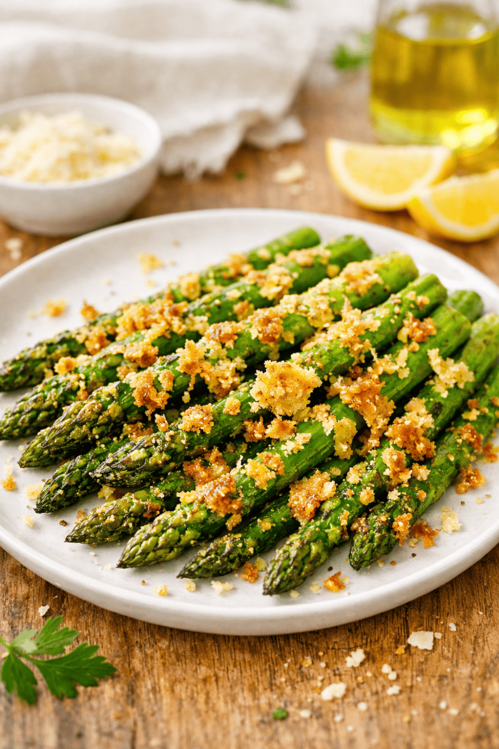 Knuspriger grüner Spargel mit goldbraunem Parmesan auf weißem Teller, daneben Olivenöl, Zitronenscheiben und geriebener Parmesan – frühlingshaftes Airfryer-Rezept