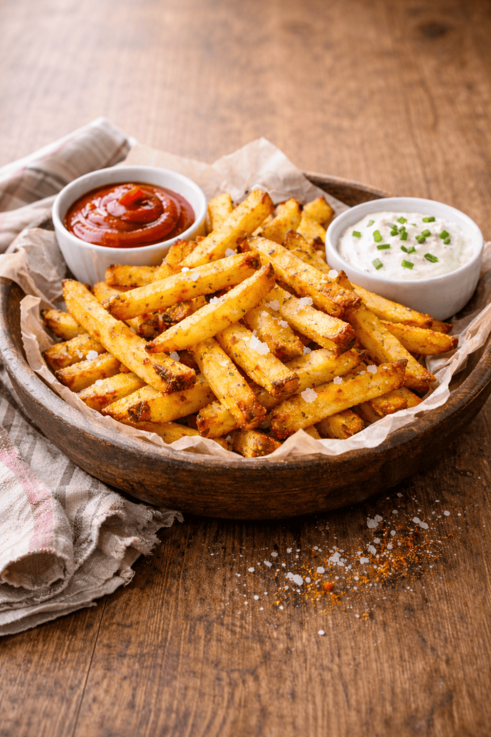 Goldbraun gebratene selbstgemachte Pommes aus der Heißluftfritteuse in rustikaler Holzschale mit Backpapier, serviert mit Ketchup und Kräuterquark-Dip auf Holztisch