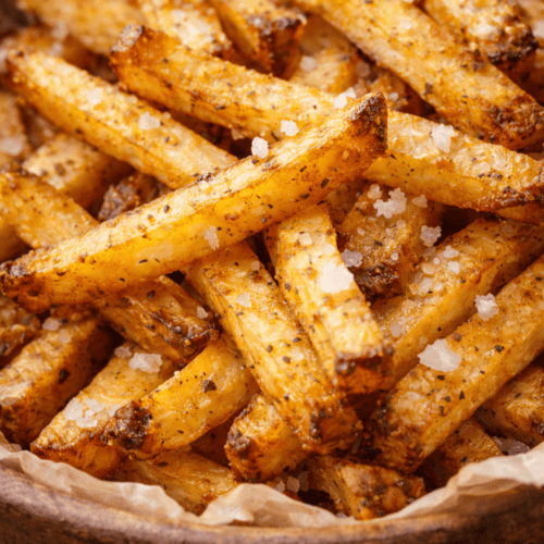 Nahaufnahme von extra knusprigen Pommes aus dem Airfryer mit sichtbarer Gewürzkruste und grobem Meersalz in Holzschale