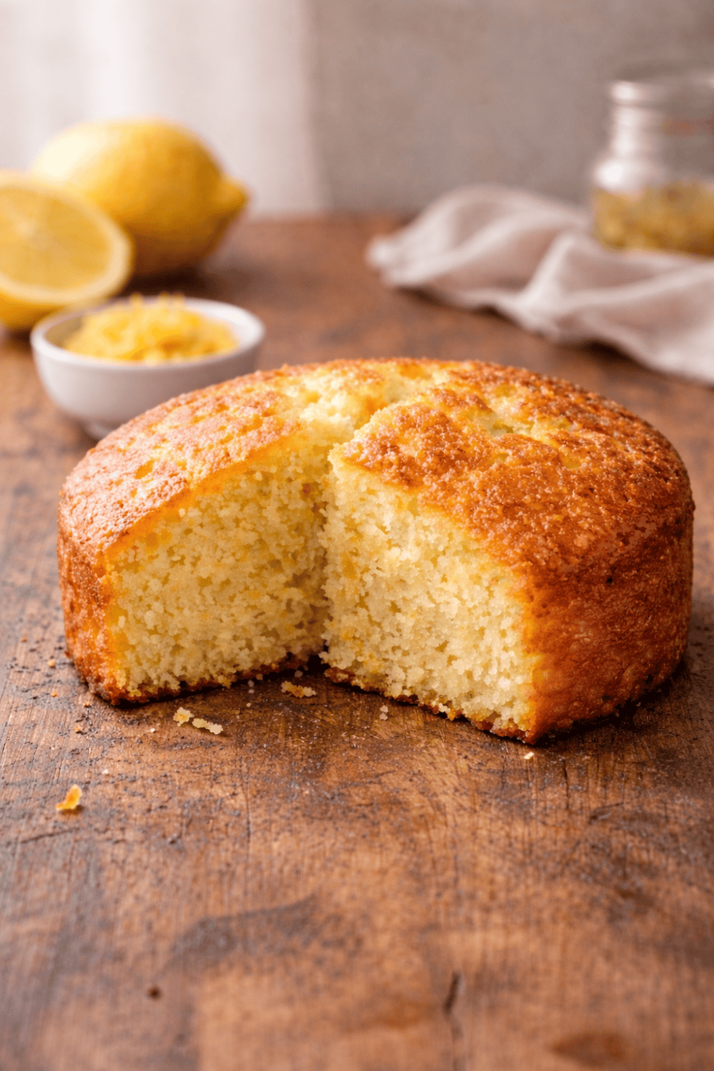 Goldbrauner Zitronenkuchen mit herausgeschnittenem Stück auf Holzbrett, frische Zitronen und Zitronenabrieb im Hintergrund