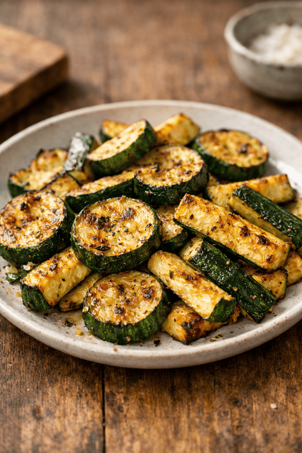 Gebratene Zucchini-Scheiben und Zucchini-Sticks aus der Heißluftfritteuse mit goldbraunen Röstaromen auf einem hellen Steinteller, serviert auf rustikalem Holztisch mit Dip im Hintergrund