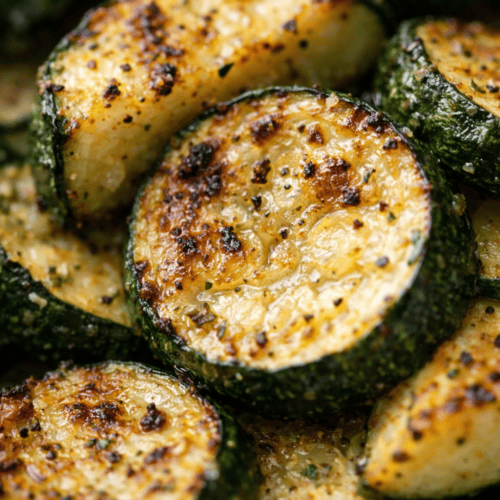 Nahaufnahme von goldbraun gebratenen Zucchini-Scheiben aus dem Airfryer mit sichtbaren Gewürzen, Röstaromen und leicht glänzender Oberfläche