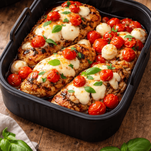 Balsamico-Haehnchen mit geschmolzenem Mozzarella und Kirschtomaten direkt im Airfryer-Korb nach dem Garen