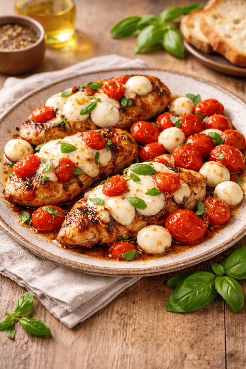 Balsamico-Haehnchen mit Tomaten und Mozzarella aus der Heissluftfritteuse auf rustikalem Teller serviert mit frischem Basilikum