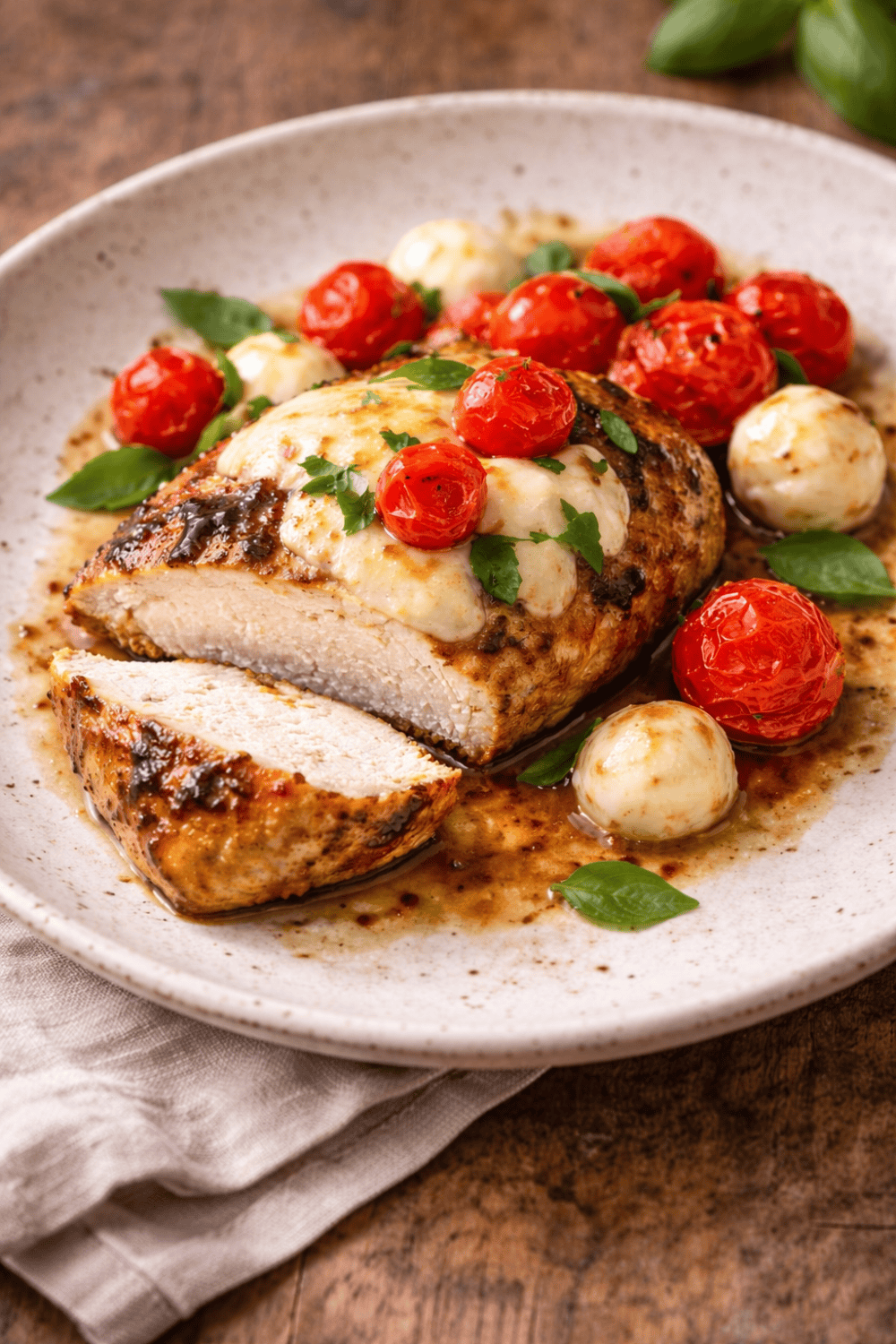 Aufgeschnittenes saftiges Balsamico-Haehnchen mit Mozzarella und geroesteten Tomaten aus dem Airfryer auf Teller angerichtet