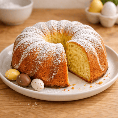 Saftiger Eierlikör-Gugelhupf aus dem Airfryer auf weißem Teller, mit Puderzucker bestäubt und Schoko-Ostereiern dekoriert, angeschnitten mit Blick auf die lockere Krume