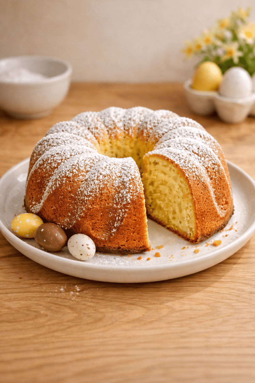 Saftiger Eierlikör-Gugelhupf aus dem Airfryer auf weißem Teller, mit Puderzucker bestäubt und Schoko-Ostereiern dekoriert, angeschnitten mit Blick auf die lockere Krume