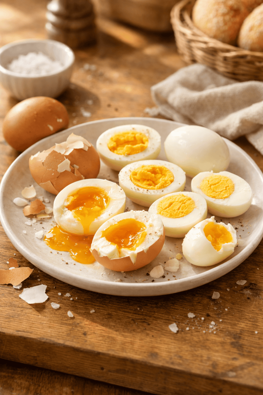 Gekochte Eier aus dem Airfryer unterschiedlicher Garstufe, hart, mittel, weich. auf einem Teller angerichtet.