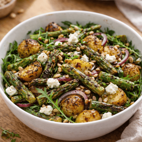 Spargelsalat aus der Heißluftfritteuse mit geröstetem grünem Spargel, goldbraunen Kartoffeln, Feta, Pinienkernen und Rucola in weißer Schüssel auf Holztisch