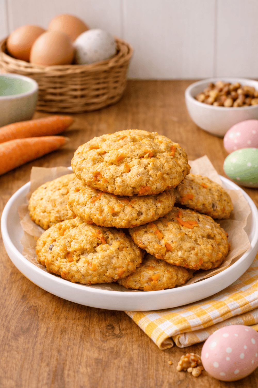 Saftige Karottenkekse aus der Heißluftfritteuse auf weißem Teller gestapelt, mit Ostereiern, frischen Karotten und Walnüssen dekoriert