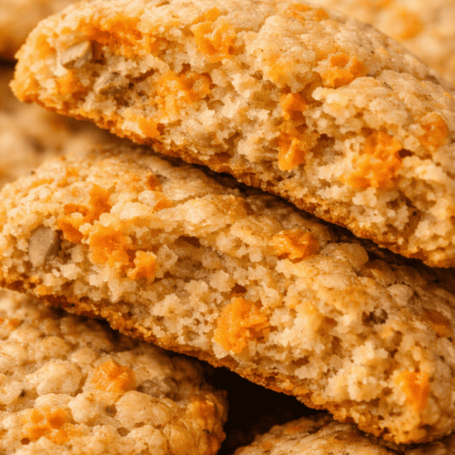 Aufgebrochene Karottenkekse zeigen saftige Textur mit sichtbaren Karottenraspeln und Dinkelmehl im Inneren