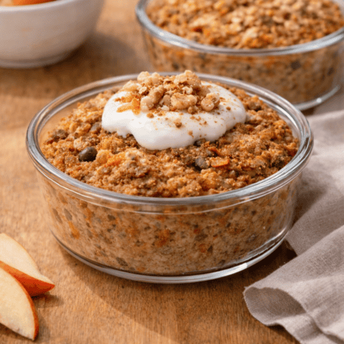 Baked Oats mit Karotte und Apfel in Glasschüsseln serviert mit Joghurt und gehackten Nüssen als Topping, frische Karotten im Hintergrund