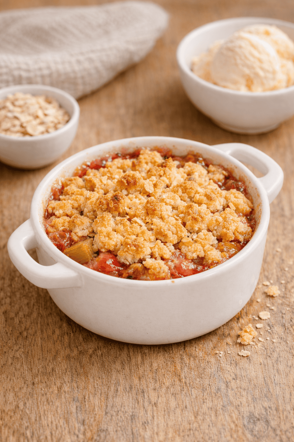 Rhabarber Crumble aus dem Airfryer mit goldbraunen Streuseln und roter Rhabarberfüllung in weißer Auflaufform, serviert mit Vanilleeis