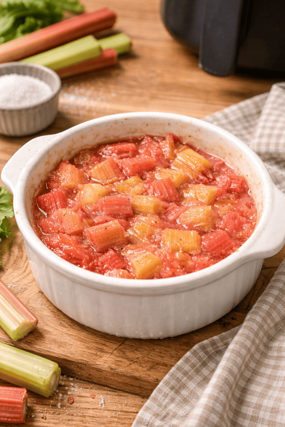 Rhabarberkompott aus der Heißluftfritteuse in weißer Auflaufform auf Holzbrett, rosa-rotes Kompott mit sichtbaren Fruchtstücken, daneben frische Rhabarberstangen und Zucker