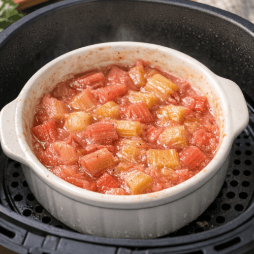 Weiße Auflaufform mit fertigem Rhabarberkompott im schwarzen Airfryer-Korb der Heißluftfritteuse, dampfend und rosa-rot