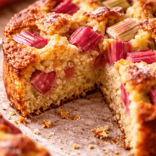 Angeschnittener Rhabarberkuchen aus der Heißluftfritteuse – saftige Krume mit fruchtig-roten Rhabarberstücken auf einem weißen Teller