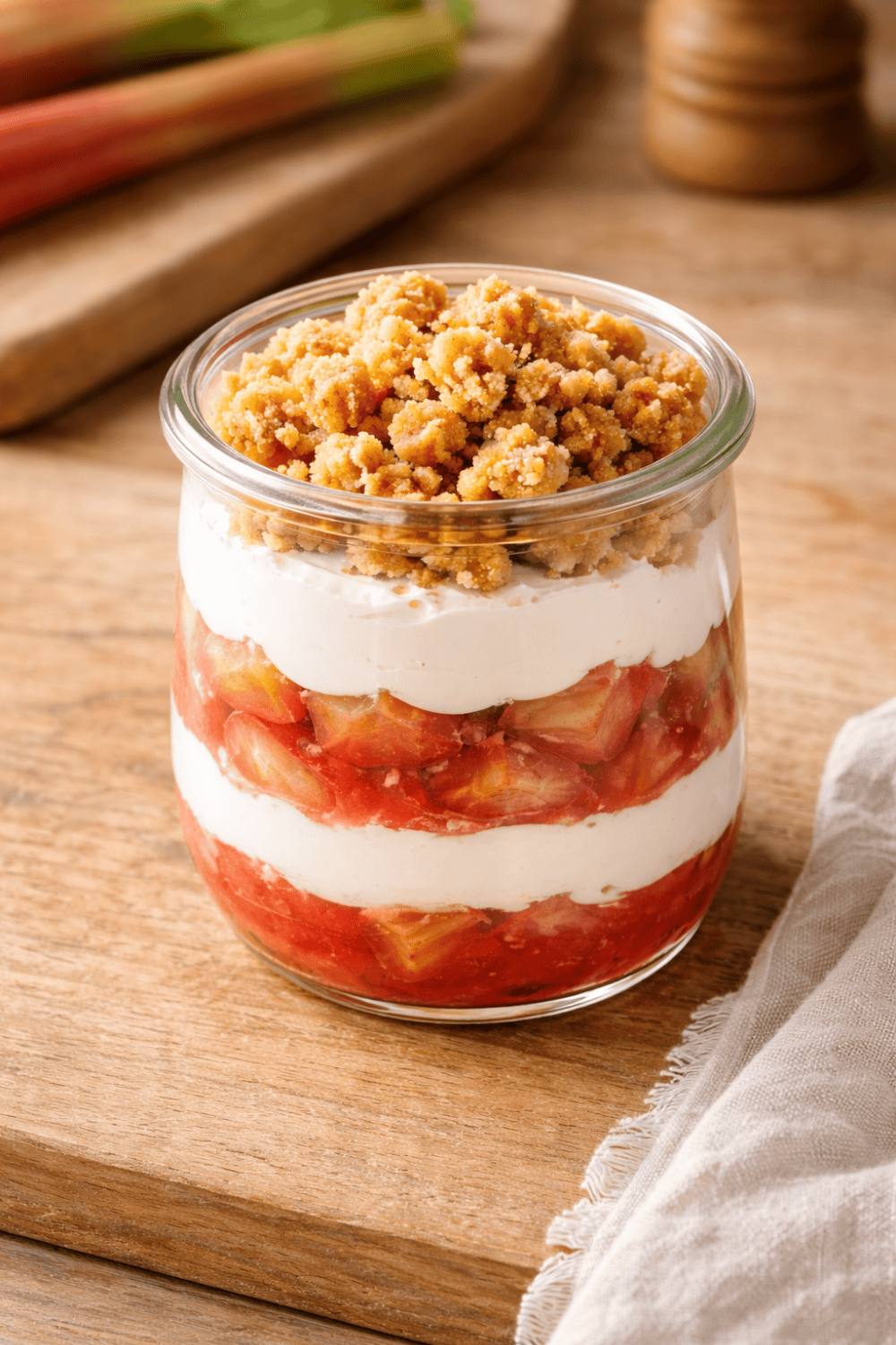 Rhabarber-Dessert im Glas mit Quarkcreme und knusprigen Streuseln aus der Heißluftfritteuse – serviert auf einem Holzbrett mit frischen Rhabarberstangen im Hintergrund