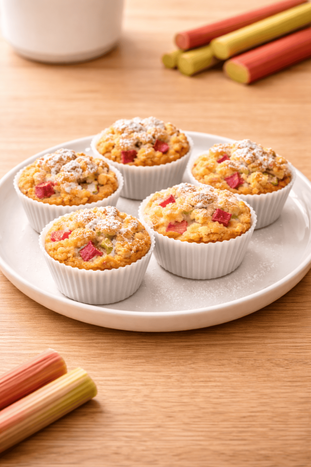 Rhabarber-Streusel-Muffins aus dem Airfryer auf einem weißen Teller, mit Puderzucker bestäubt und frischen Rhabarberstangen dekoriert