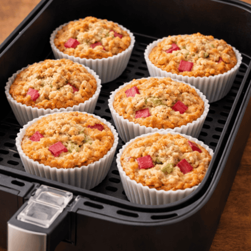 Sechs Rhabarber-Streusel-Muffins in weißen Silikonförmchen frisch gebacken im Airfryer-Korb