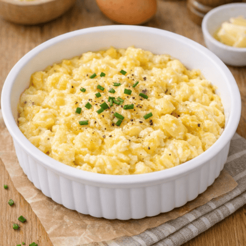 Cremiges Rührei aus der Heißluftfritteuse in weißer Auflaufform, garniert mit frischem Schnittlauch und schwarzem Pfeffer auf Holzuntergrund