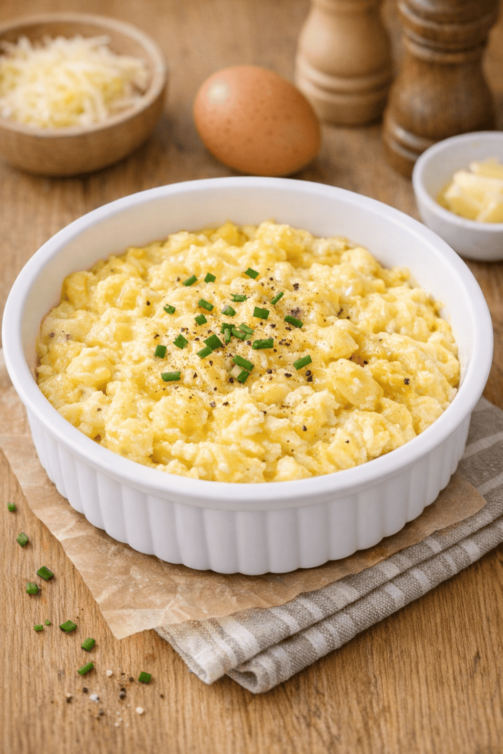 Cremiges Rührei aus der Heißluftfritteuse in weißer Auflaufform, garniert mit frischem Schnittlauch und schwarzem Pfeffer auf Holzuntergrund