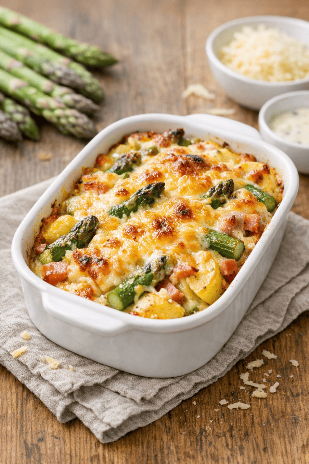 Cremiger Spargel-Auflauf aus der Heißluftfritteuse in weißer Auflaufform mit goldbrauner Käsekruste, Kartoffeln und grünem Spargel, auf Holzbrett mit Leinentuch