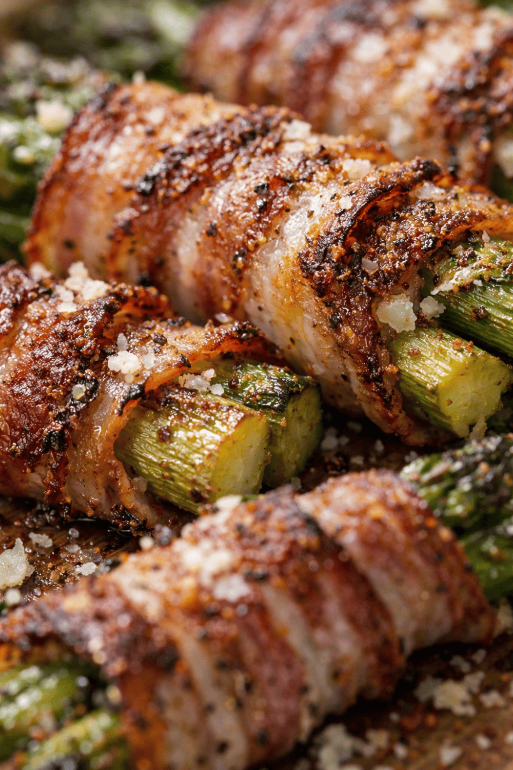 Nahaufnahme von Spargel im Speckmantel mit Parmesan aus der Heißluftfritteuse