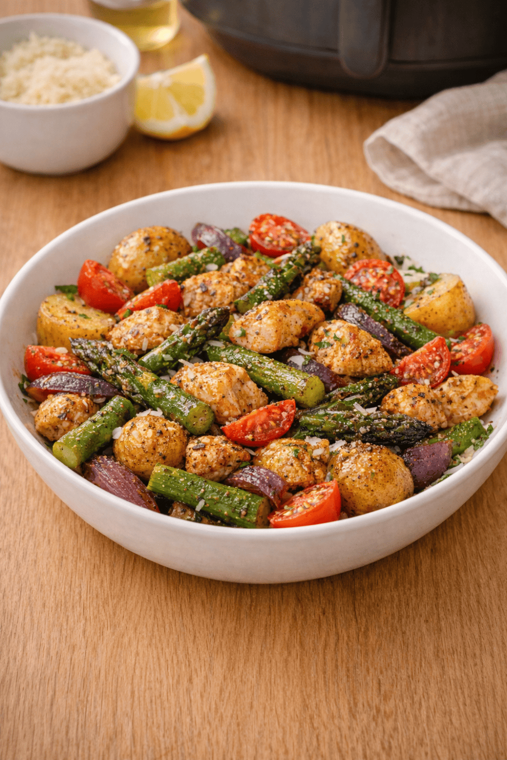 One-Basket Spargelpfanne aus der Heißluftfritteuse mit grünem Spargel, Hähnchen, Kartoffeln, roten Zwiebeln und Kirschtomaten in weißer Schüssel, bestreut mit Parmesan