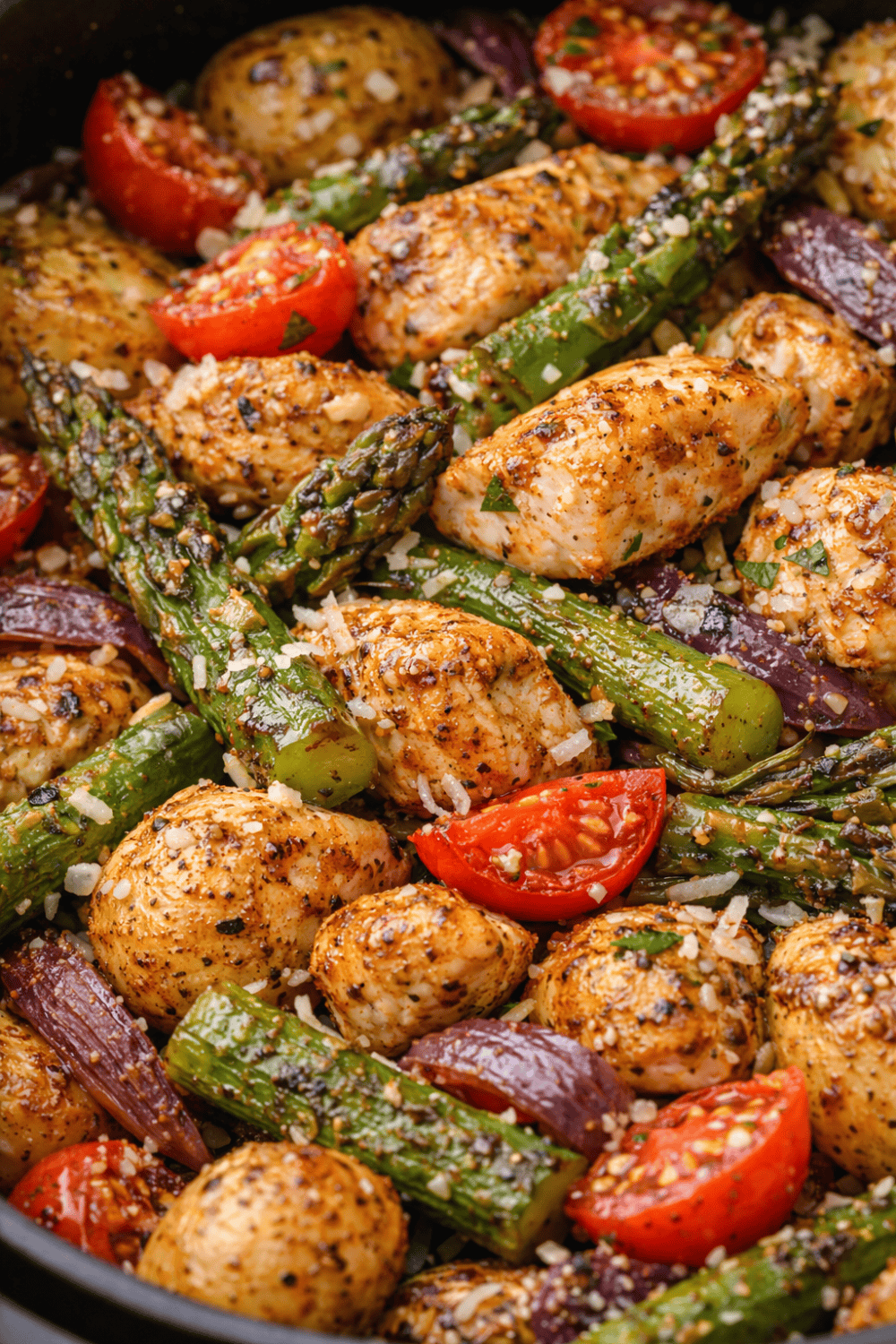 Nahaufnahme der fertigen Spargelpfanne aus der Heißluftfritteuse mit geröstetem grünem Spargel, saftigem Hähnchen, knusprigen Kartoffeln und Parmesan